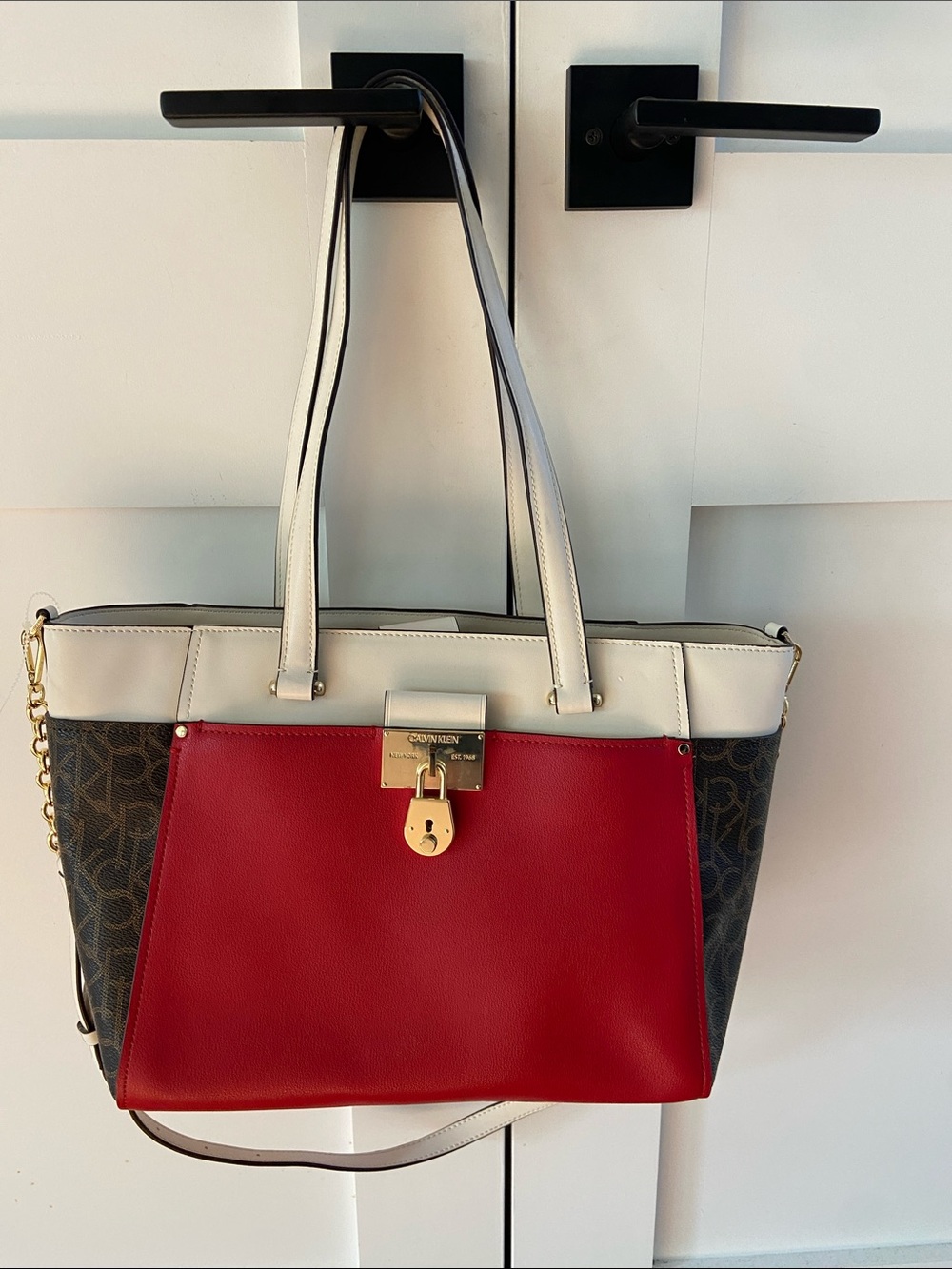 Calvin Klein Red, White & Brown Leather Shoulder Tote with Monogram Sides